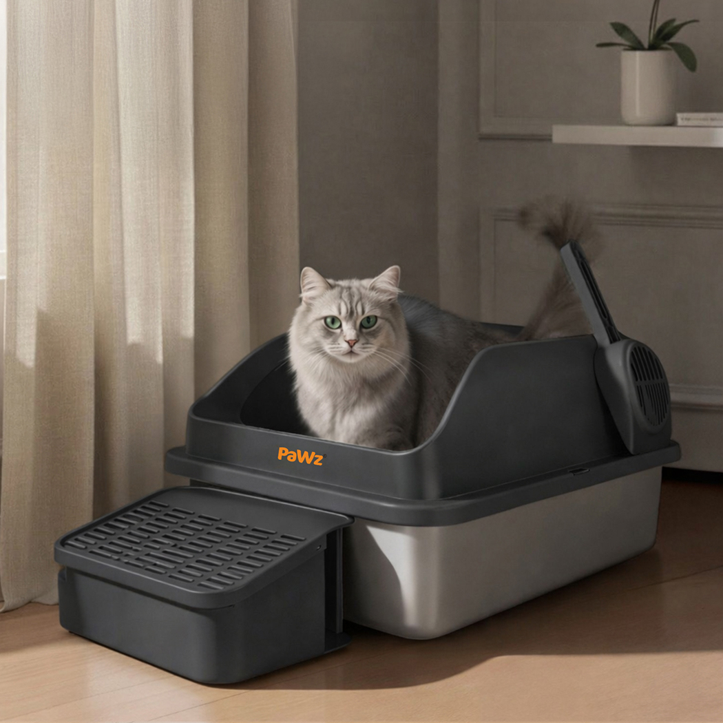 Pawz Stainless Steel Cat Litter Box Big Cats Kitten High Sided Easy Clean Grey - Image 7