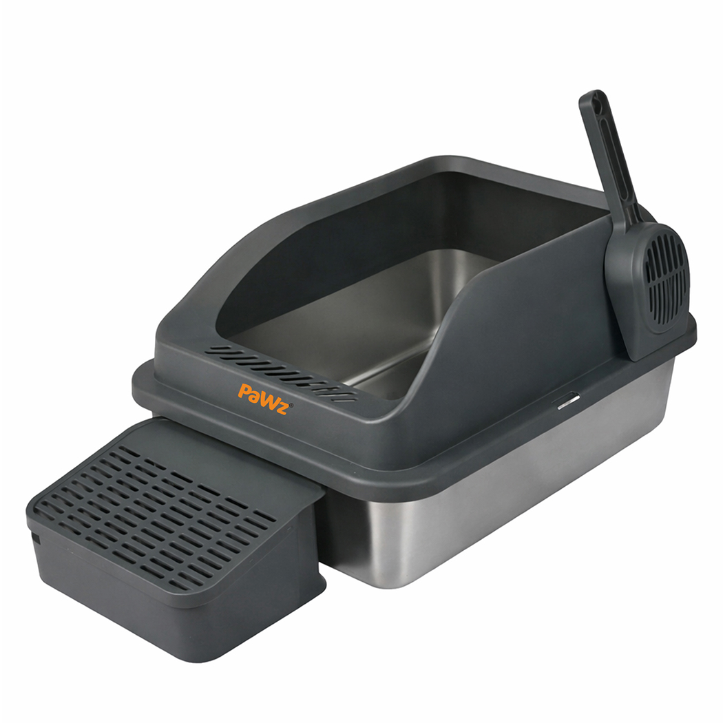 Pawz Stainless Steel Cat Litter Box Big Cats Kitten High Sided Easy Clean Grey