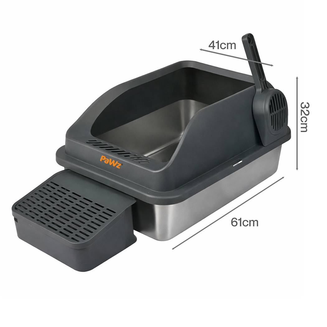 Pawz Stainless Steel Cat Litter Box Big Cats Kitten High Sided Easy Clean Grey - Image 3